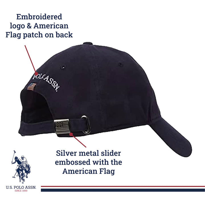 U.S Polo Assn. Dad Hat, Adult Cotton Adjustable Baseball Cap with Curved Brim and Embroidered Horse Logo, Navy,One Size