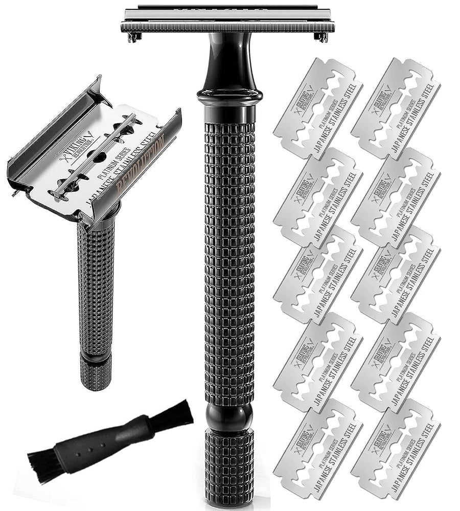 Long Handle Double Edge Safety Razor - Butterfly Open Razor 10 Japanese Stainless Steel Double Edge Blades - Close, Clean Shaving Razor Men., Black Long Handle, 12 Piece Set