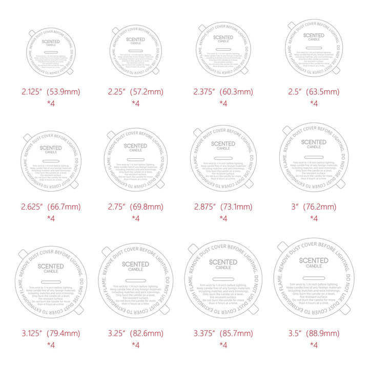 Candle Dust Covers, 48pcs Printed White Matte Candle Dust Lid with Pull Tab for Candle Making (12 Sizes)