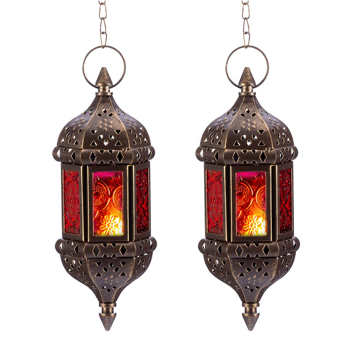 2 Pcs Hanging Hexagon Decorative Moroccan Candle Lantern Holders, Handmade Hanging Tea Light Holder in Bronze Metal &amp; Red &amp; Purple Glass Gift &amp; Decor Items