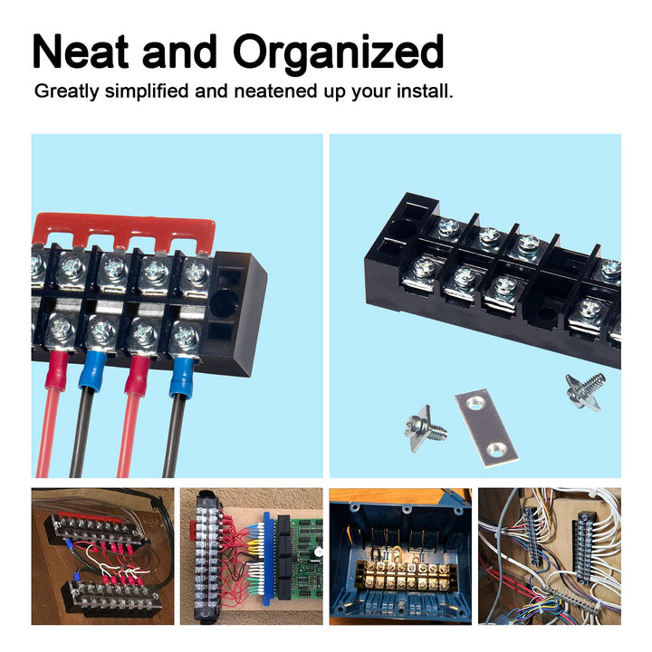 Terminal Block and Strip - 6 Sets 8/10/12 Positions 600V 15A Dual Row Wire Screw Terminal Strip Block with Cover + 400V 15A Pre-Insulated Terminals Barrier Strips Jumpers (Black &amp; Red)