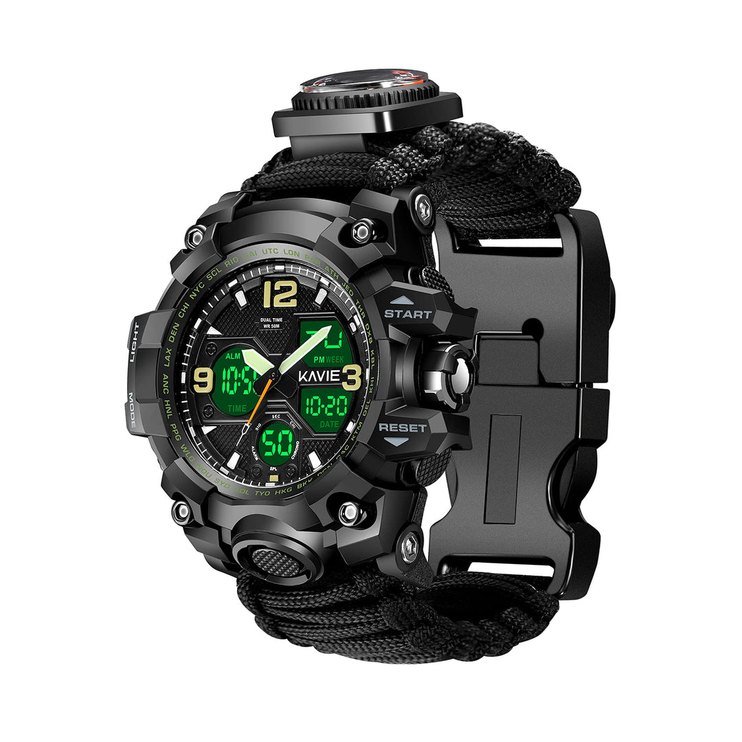23-in-1 Survival Military Digital Watch, Mens Tactical Multi-Functional and Adjustable Wristband Outdoors Waterproof Black Sports Watches with Compass Paracord Band