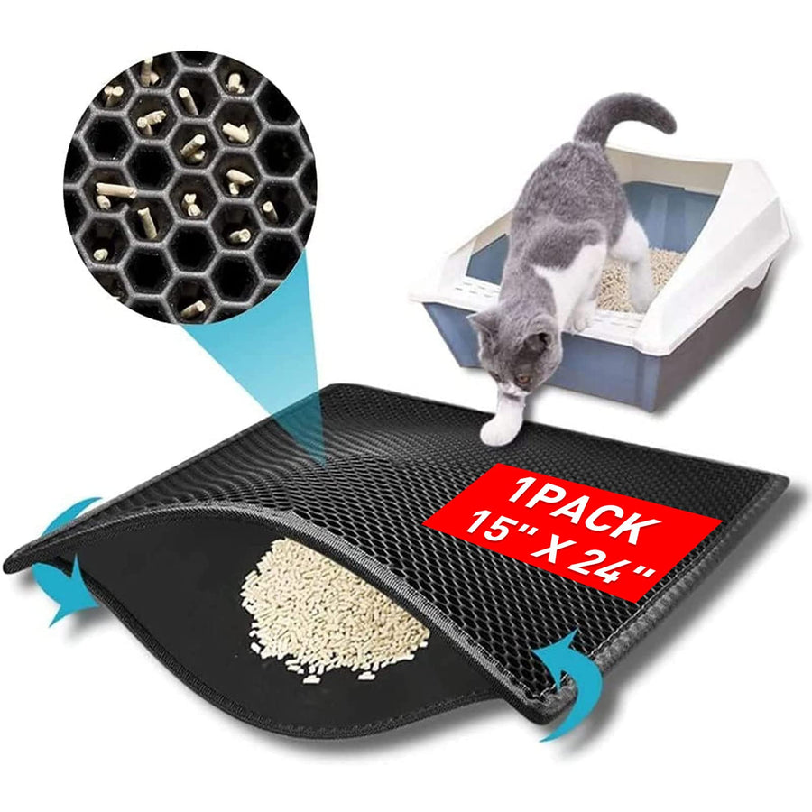 Small Cat Litter Box Mat: Easy Clean Kitty Litter Trapping Mat for Floor, Plastic Cat Box Pad (15 * 24in, Black, 1p)
