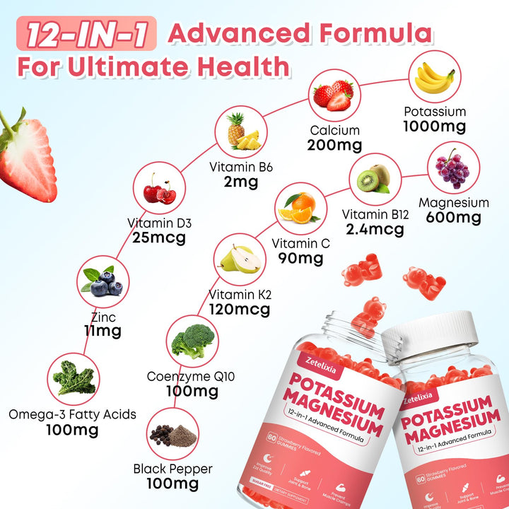 Potassium Magnesium Supplement Gummies for Adults Kids, Magnesium Glycinate &amp; Potassium Citrate, Plus Multivitamin, Omega-3 &amp; Black Pepper, Leg Cramps, Muscle &amp; Heart Health, 120 cts