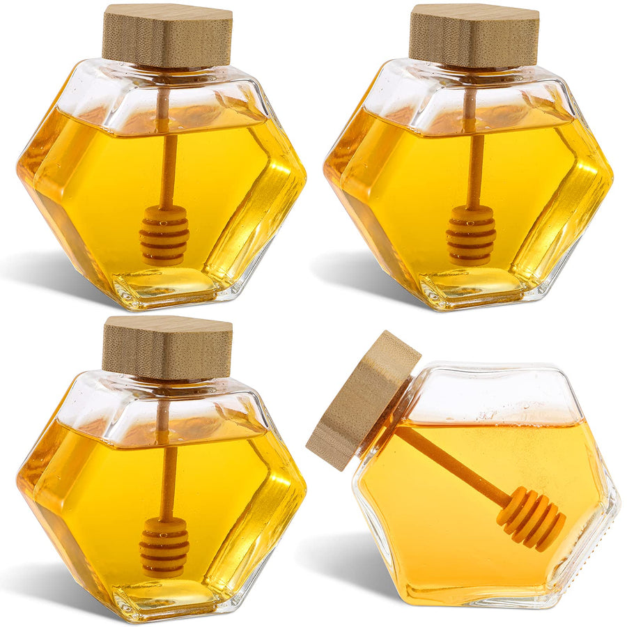 4 Pack 7 Oz Honey Pot, Glass Honey Pot with Wooden Dipper, Honey Container Storage, Clear Honeypot for Home, Kitchen