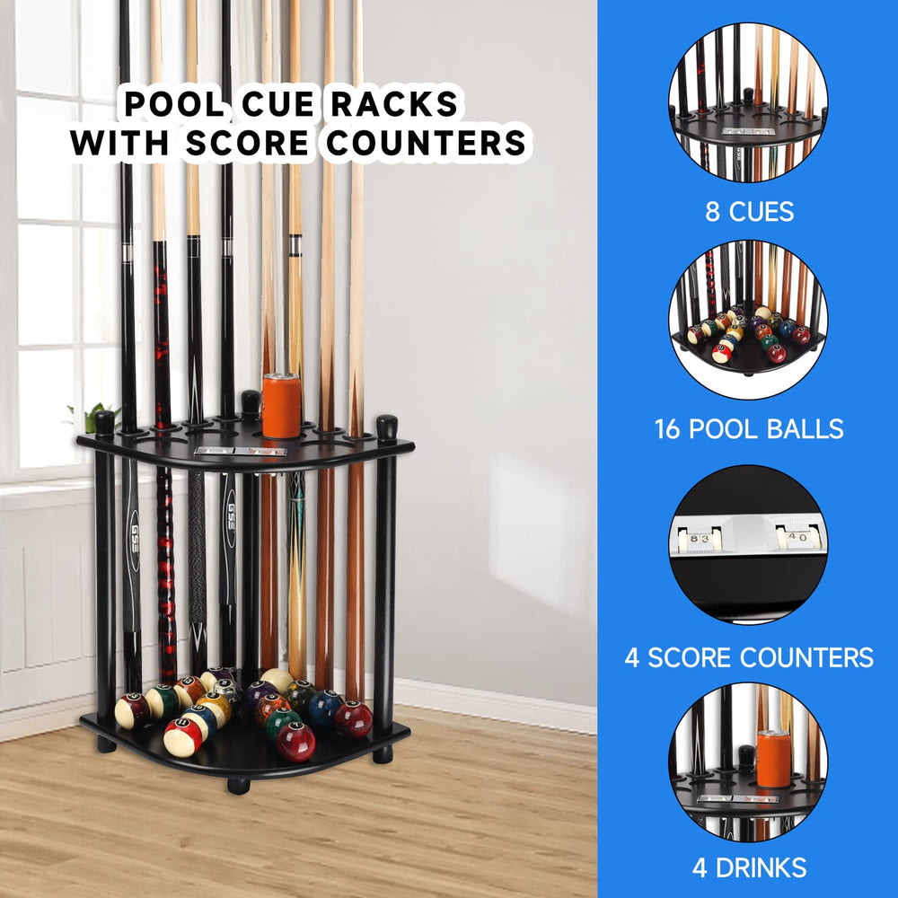 Billiards Pool Stick Holder Only, Corner-Style Floor Stand Billiard Pool Cue Racks with Score Counters, Holds 8 Pool Cue Sticks and a Full Set of Balls (Black)