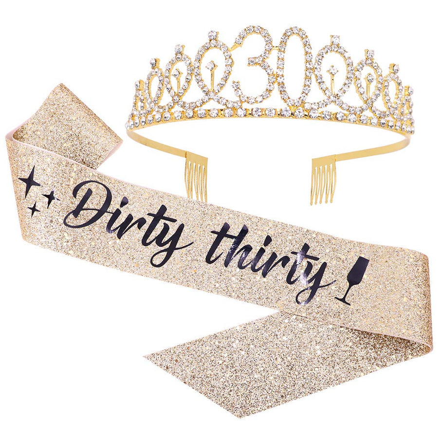 Dirty Thirty Sash & Rhinestone Tiara Set - 30th Birthday Gifts Birthday Sash for Women Fun Party Favors Birthday Party Supplies (Gold Glitter with Black Lettering)