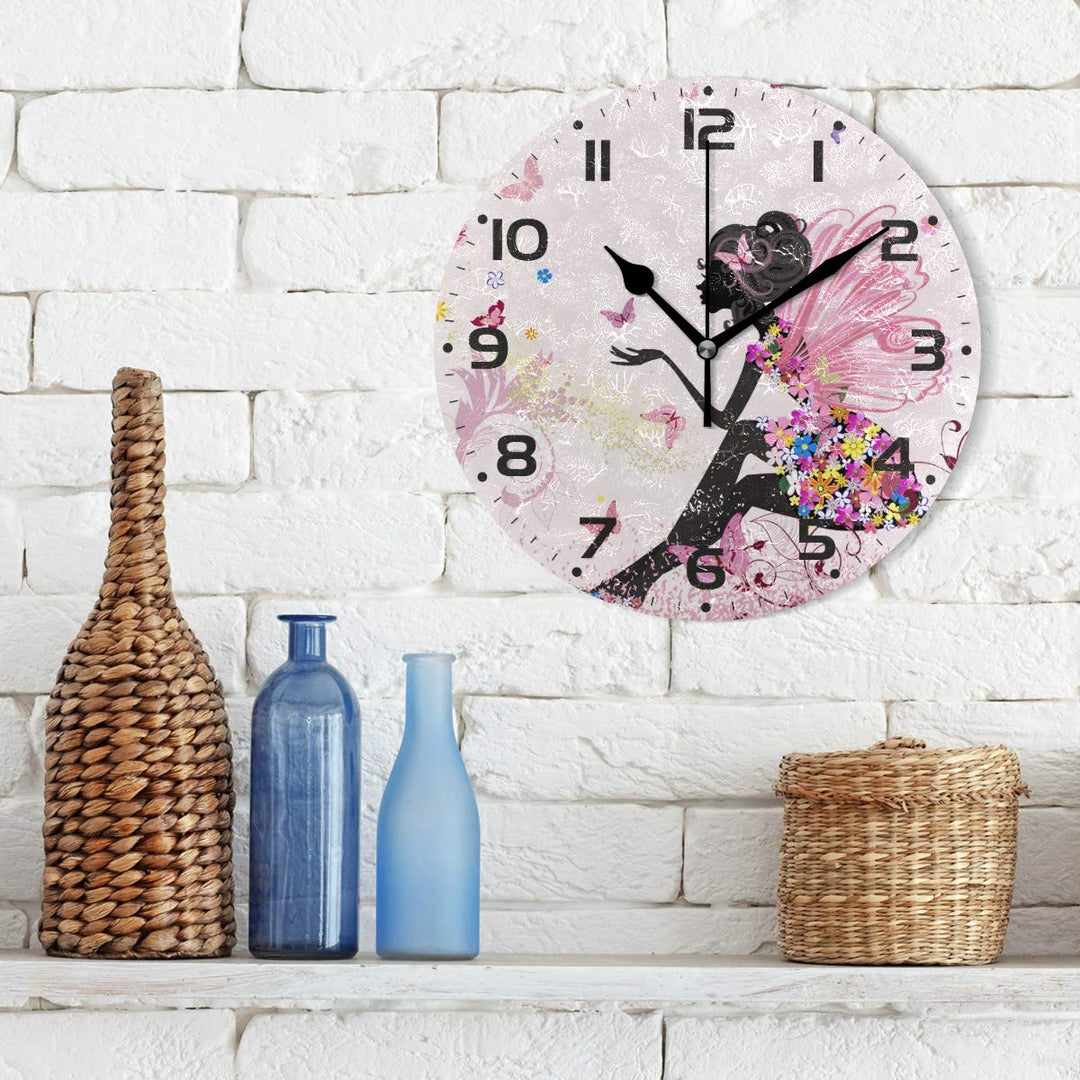 Butterfly Wall Clock Silent Non Ticking Round Easy to Read Home Office School Clock, Flower Fairy Angel Pink