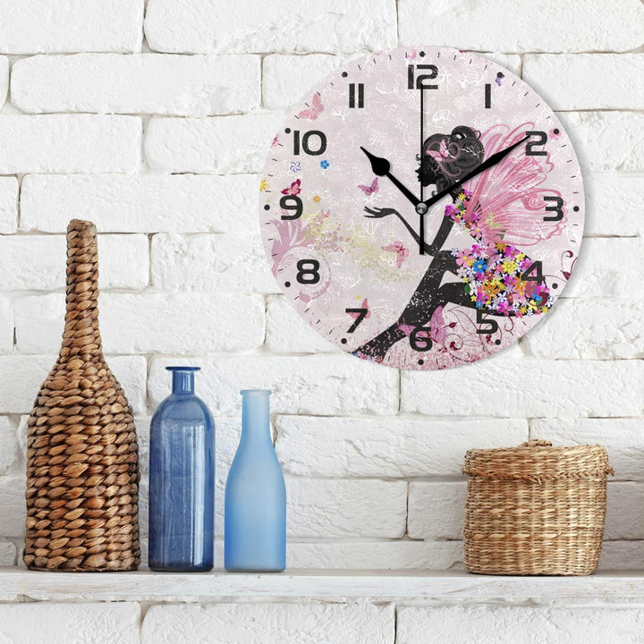 Butterfly Wall Clock Silent Non Ticking Round Easy to Read Home Office School Clock, Flower Fairy Angel Pink
