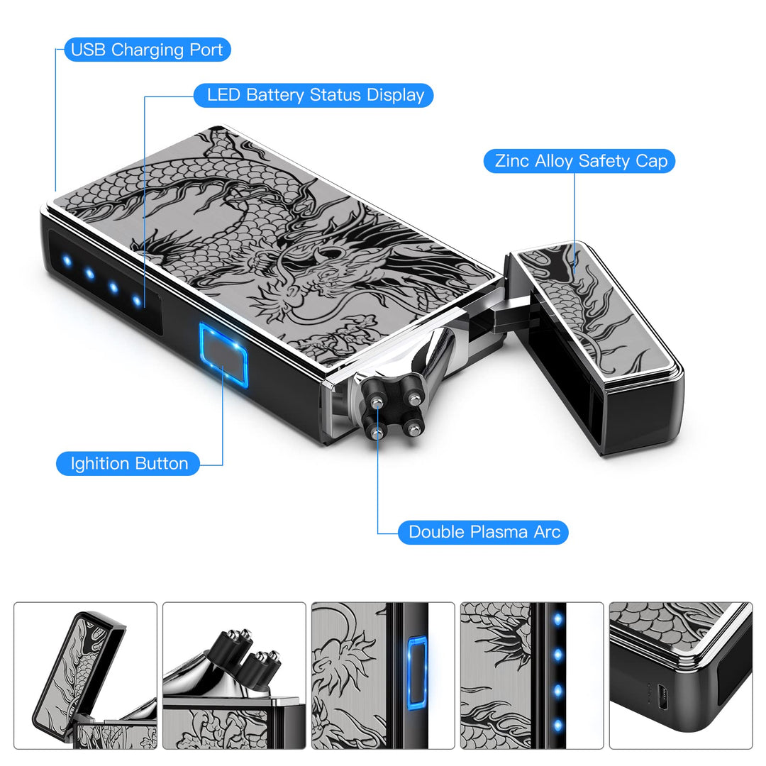 Electric Lighter, USB Rechargeable Plasma Arc Lighter, Windproof Flameless Butane Free Mini Lighter for Candles, Fireworks, Outdoor Camping Activities (Black Dragon)