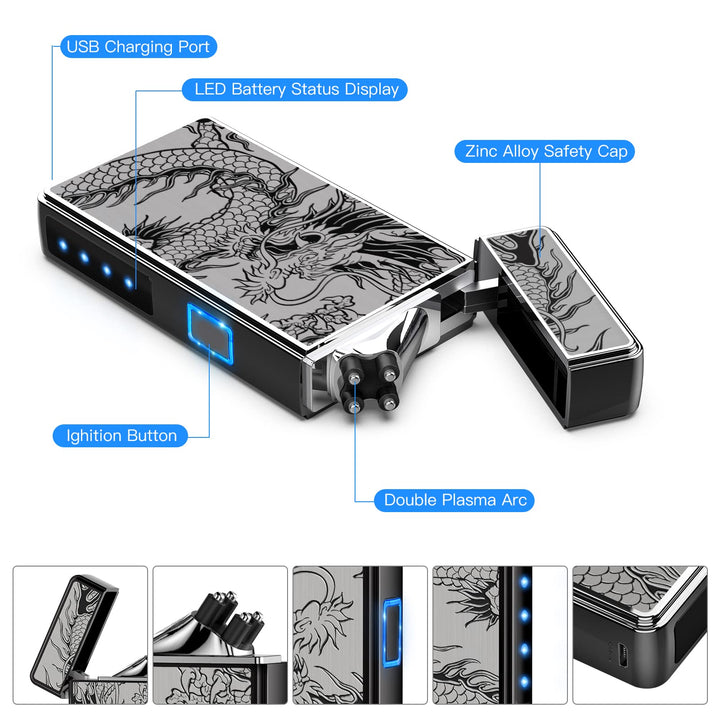 Electric Lighter, USB Rechargeable Plasma Arc Lighter, Windproof Flameless Butane Free Mini Lighter for Candles, Fireworks, Outdoor Camping Activities (Black Dragon)