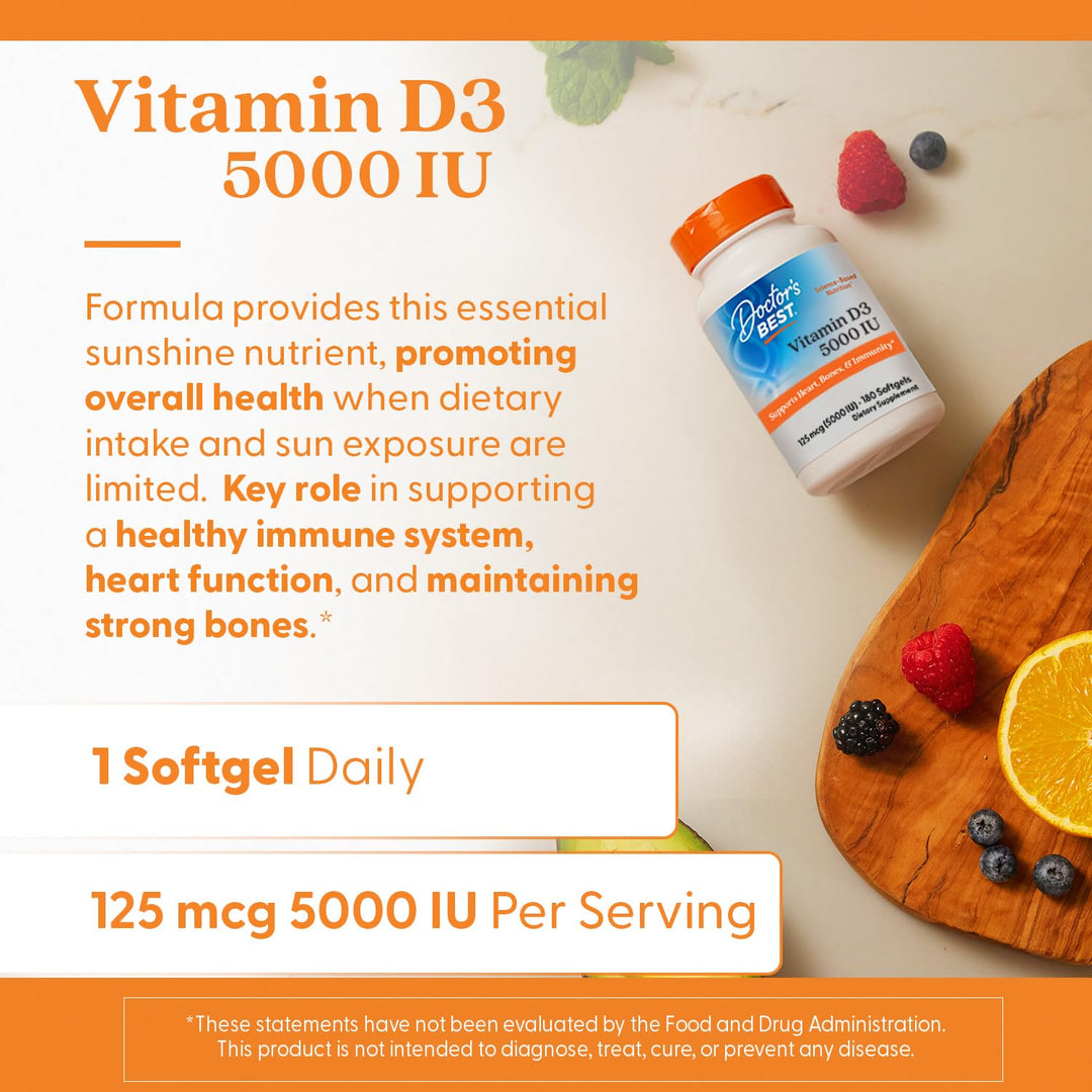 Doctor&#39;s Best Vitamin D3 5000IU, Non-GMO, Gluten &amp; Soy Free, Regulates Immune Function, Supports Healthy Bones, White, No Flavour, 180 Count