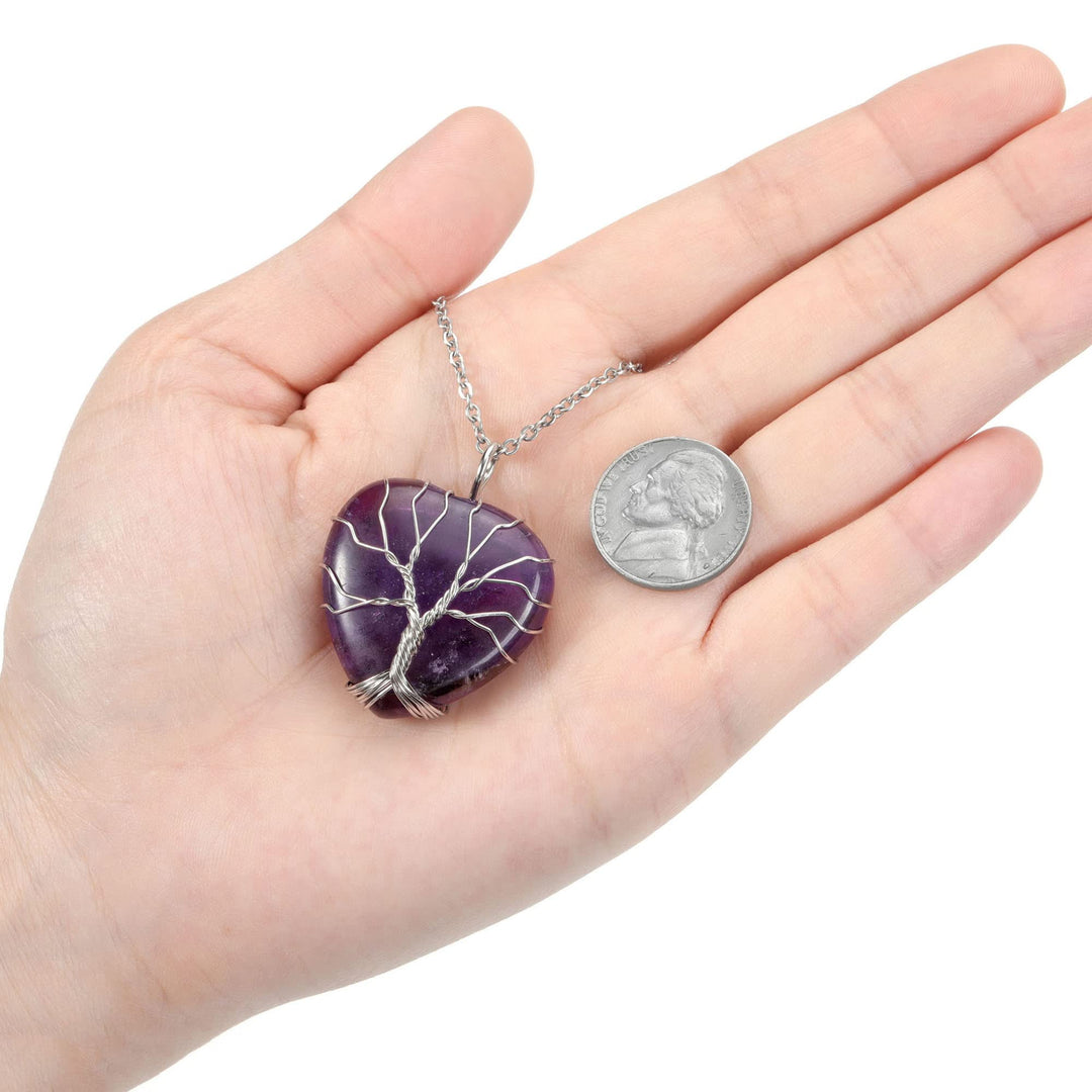 Natural Green Aventurine Healing Crystals Necklace Silver Tree Of Life Wire Wrapped Heart Shape Stone Pendant for Womens Girls Ladies