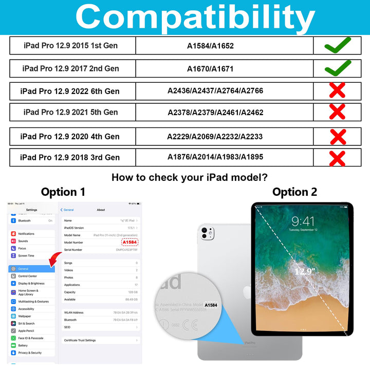 Case for iPad Pro 12.9 2nd Generation 2017 &amp; 2015 1st Generation, Heavy Duty Rugged TPU Protective Cover with Screen Protector- Stand + Handle Hand &amp; Shoulder Strap + Pencil Holder- Black