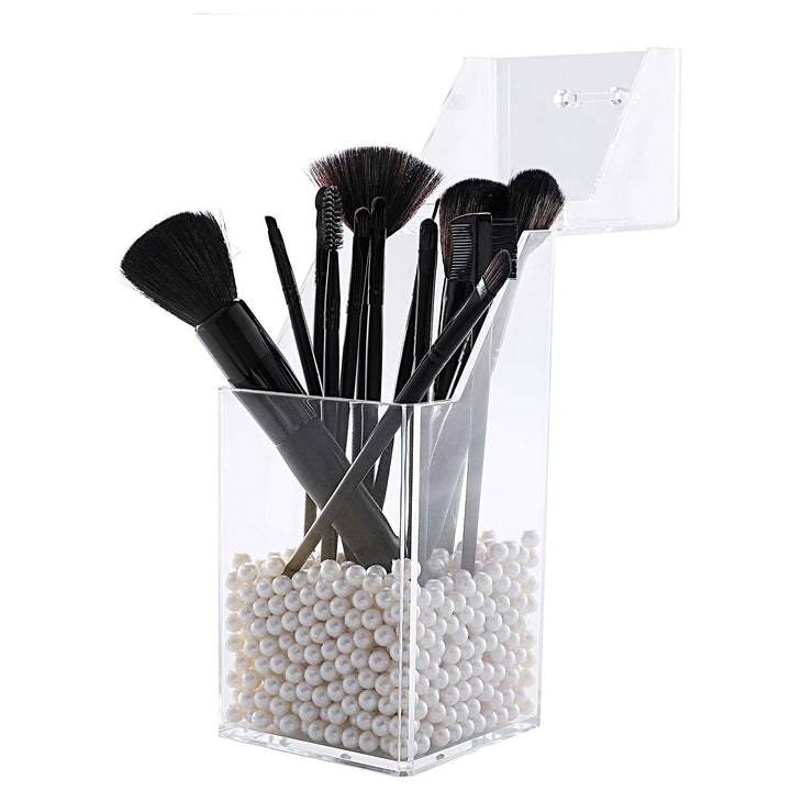 Makeup Brush Holder with Dustproof Lid, Clear Makeup Organizer with Free White Pearl (cb000004-p) (Square)