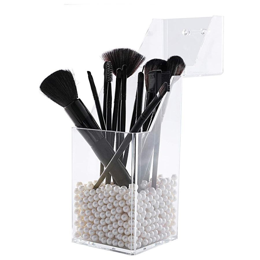 Makeup Brush Holder with Dustproof Lid, Clear Makeup Organizer with Free White Pearl (cb000004-p) (Square)
