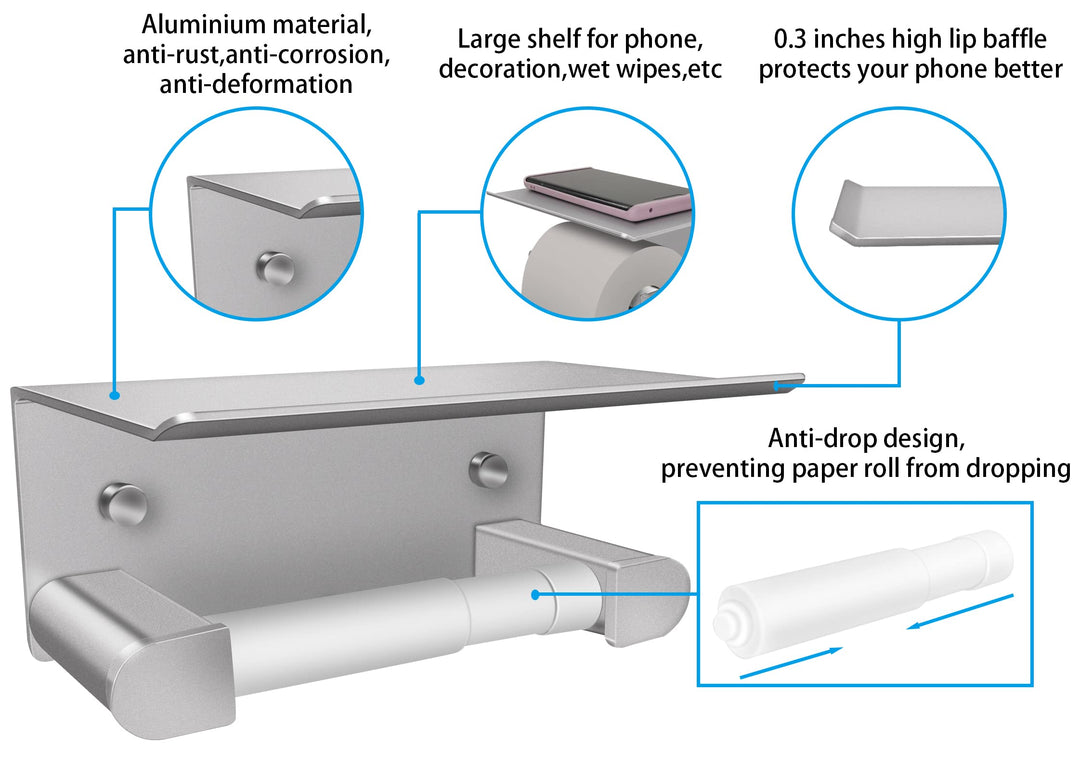 Bathroom Toilet Paper Holder, Matte Silver Wall Mount Toilet Roll Holder with Shelf, Aluminum Spring Loaded Roller Wall Toilet Paper Roll Holder for Bathroom &amp; Kitchen