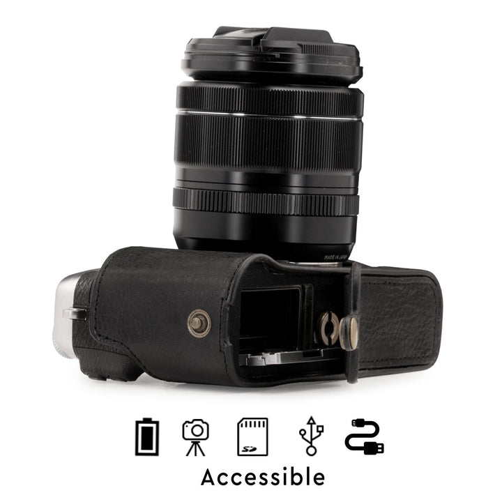 MG1342 Ever Ready Genuine Leather Camera Half Case &amp; Strap Fujifilm X-E3 with Battery Access, Black
