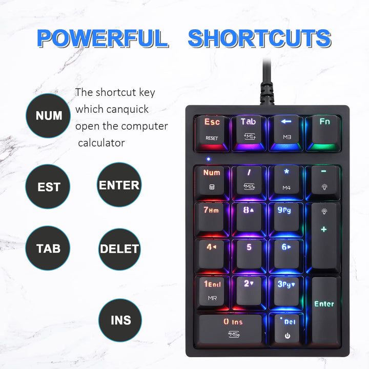 Macro Mechanical Numeric Keypad USB Wired 21 Keys Mini Numpad Portable Keypad RGB Backlight Gaming Keypad Extended Layout for Cashier(Fully Programmable Keys)