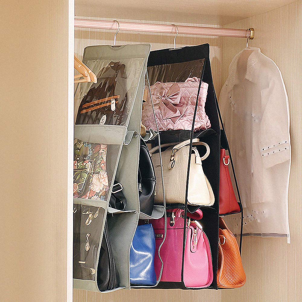 Hanging handbag Organizer Storage Holder Purse Clutch hanger bags for Closet Wardrobe with 6 Larger Pockets, Black