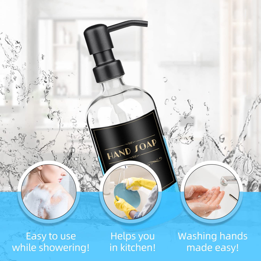 2 Pack Glass Soap Dispenser - Clear Dish Soap Dispenser for Kitchen, Refillable Liquid Hand Soap Dispenser with Rust Proof Stainless Steel Pump for Bathroom, Countertop, Black Pump,17Oz/ 500 ML