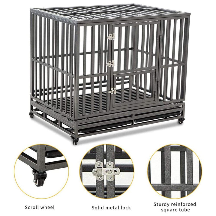 Heavy Duty Dog Cage Metal Kennel and Crate for Medium and Large Dogs, Pet Playpen with Four Wheels,Easy to Install,42 inch,Black