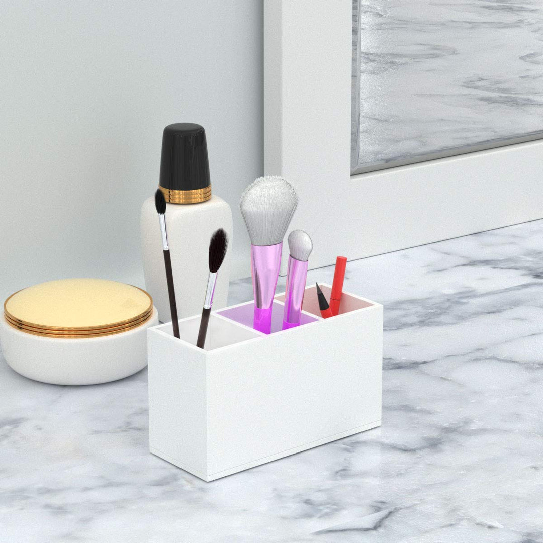 Acrylic Pen Holder 3 Compartments, White Pencil Organizer Cup for Countertop Desk Accessory Storage