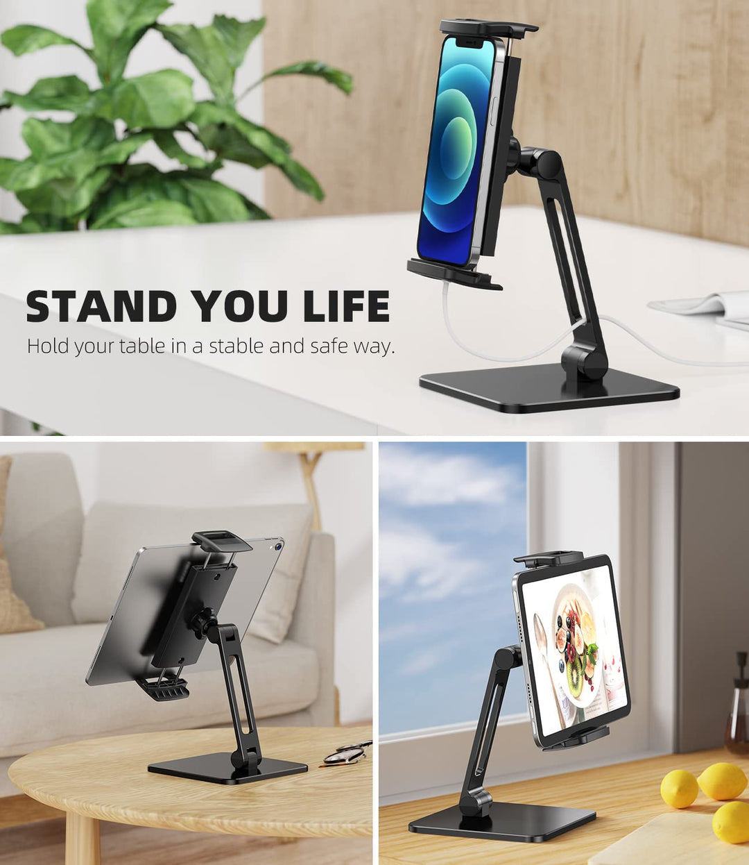 Tablet Stand Holder for desk, Adjustable &amp; Foldable Aluminium alloy Heavy Duty Base Desktop Stand Holder Dock Compatible with iPad Pro 12.9/11, Air, Mini, Tabs, Kindle, (4.7-13)Tablet, Black