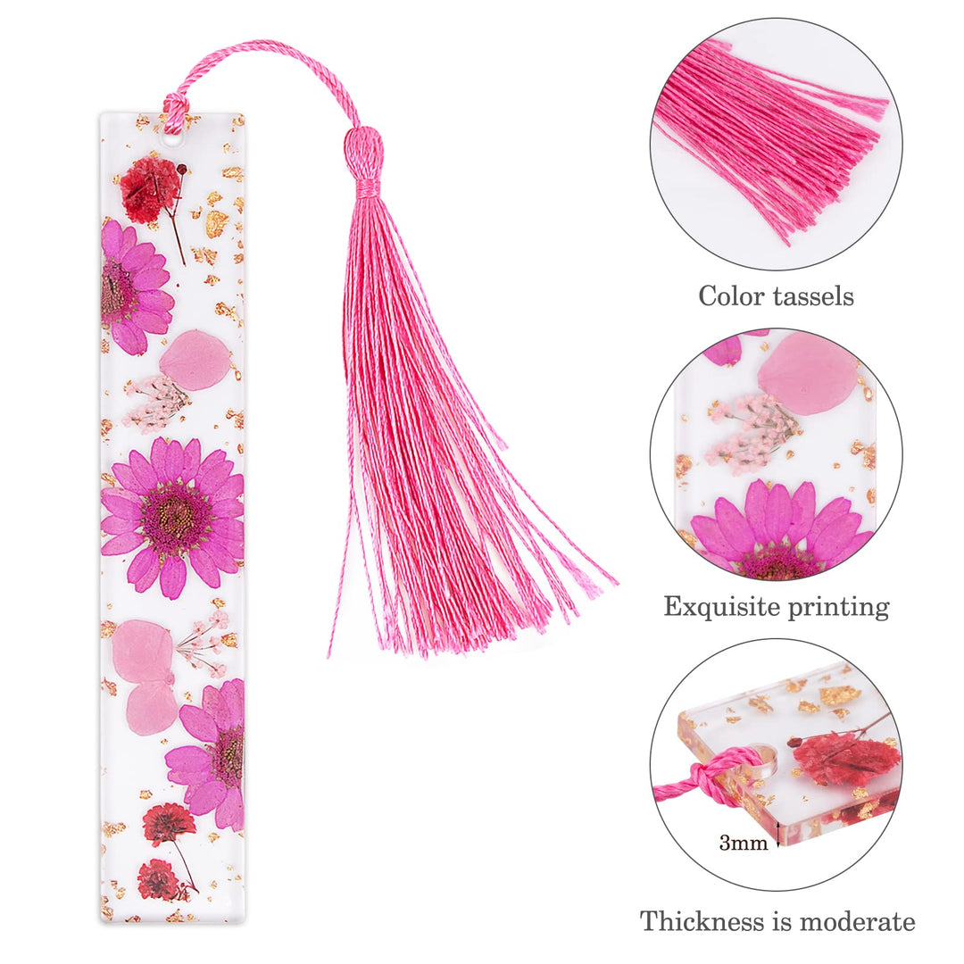 4pcs Dried Flower Bookmarks Handmade Transparent Bookmarks for Dried Flowers with Tassels (Style C)