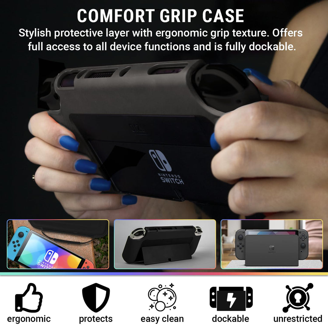 Switch Accessories Bundle - Essentials Pack for Nintendo switch OLED Case &amp; Screen Protector , Grip Case, Games Holder, Headphones - Classic Black Edition