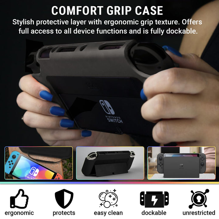 Switch Accessories Bundle - Essentials Pack for Nintendo switch OLED Case &amp; Screen Protector , Grip Case, Games Holder, Headphones - Classic Black Edition