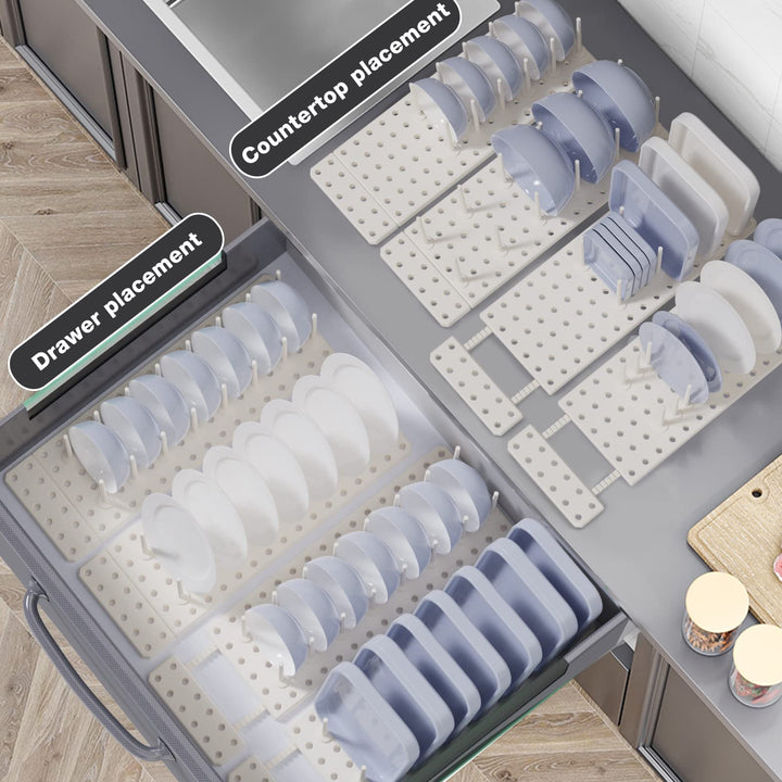 Kitchen Cupboard Organization Drawer Organizer, Pegboard Tray for Dish Rack, Kitchen Organizer Plate Holder for Cabinets, Scalable Adjustment, 2Pcs, White