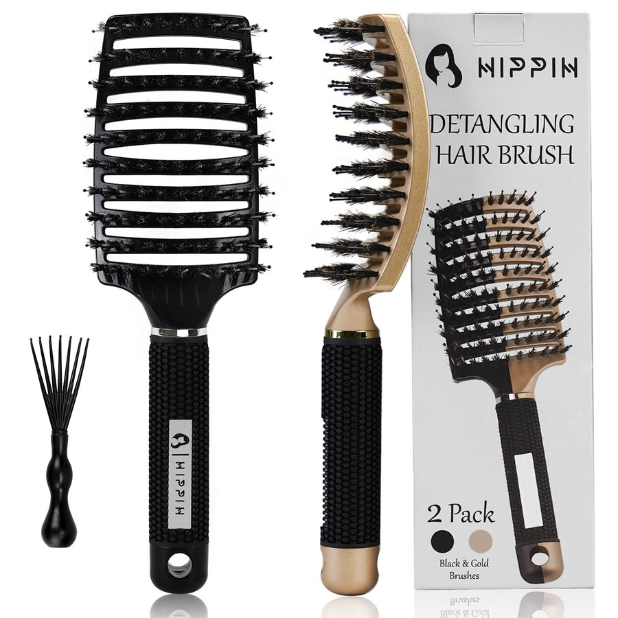Boar Hair Brushes 2 Pack, Suitable for Men, Women & Kids’ Long Curly Wet or Dry Hair, Hairbrush for Thick Hair Can Adds Shine and Makes Hair Smooth