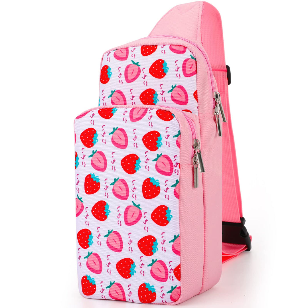 Cute Travel Bag for Nintendo Switch/ Lite / OLED, Portable Small Pink Strawberry Shoulder Carrying Storage Backpack for NS Consolo, Charging Dock, Joy-Cons, Accessories for Women Grils