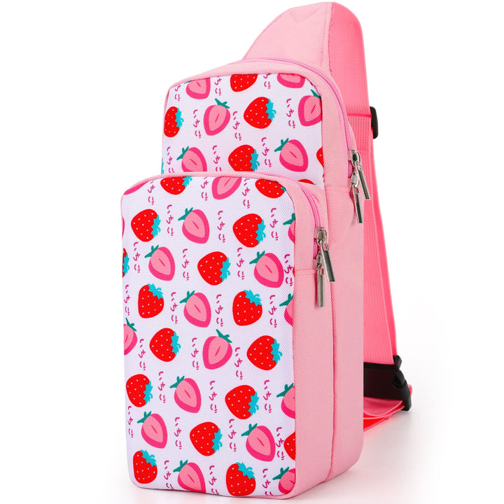 Cute Travel Bag for Nintendo Switch/ Lite / OLED, Portable Small Pink Strawberry Shoulder Carrying Storage Backpack for NS Consolo, Charging Dock, Joy-Cons, Accessories for Women Grils
