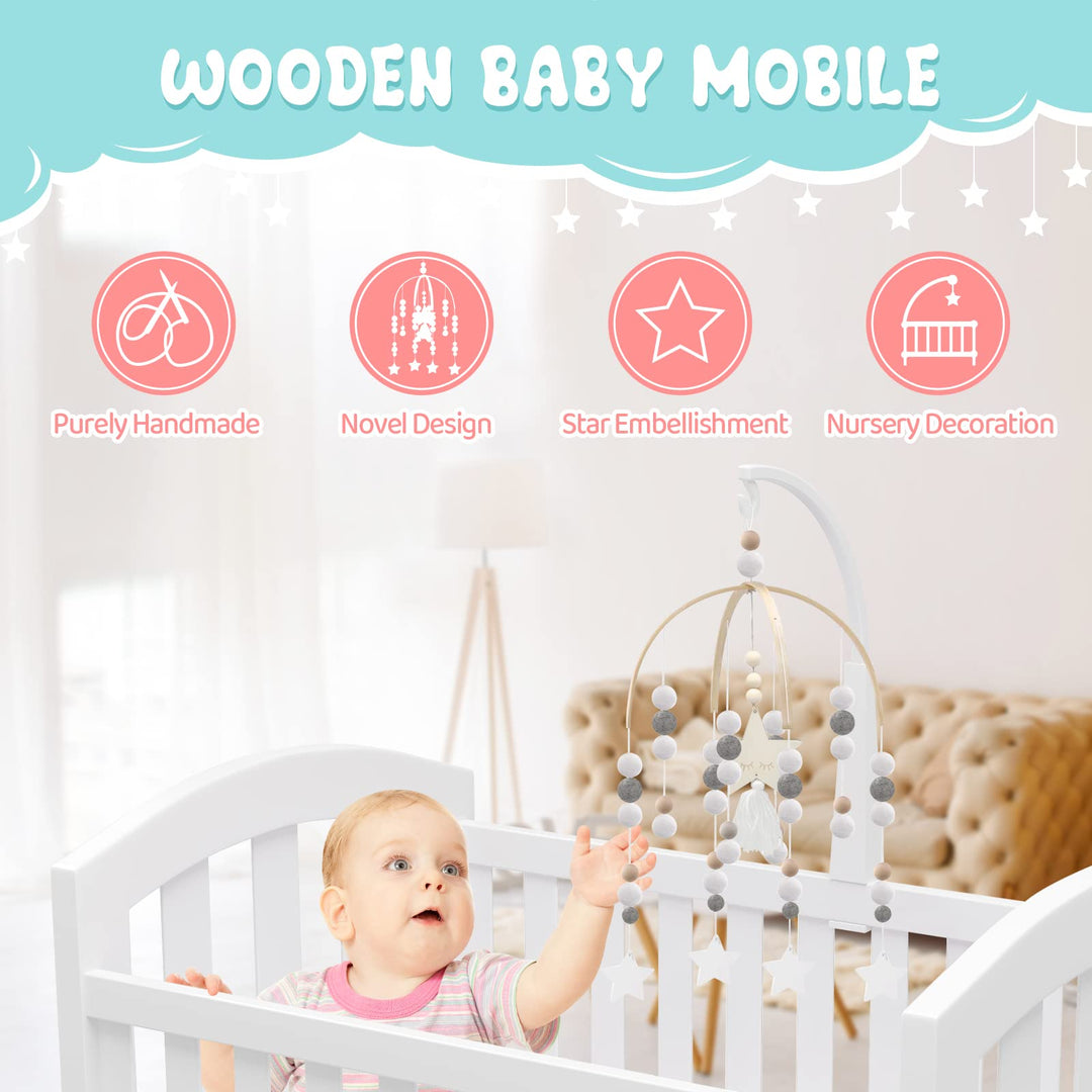 Mobile for Crib,Neutral Baby Crib Mobile Nursery Cot Mobile, Handmade Wooden Bead Bed Felt Baby Ceiling Mobiles,Boho Crib Mobile,Baby Nursery Mobile for Kids Room Nursery Decor(Gray-Star)