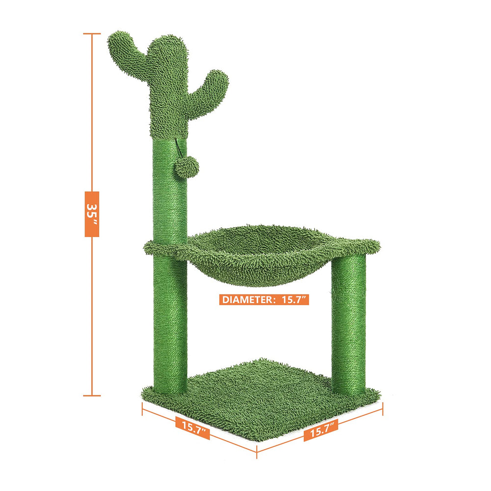 35 Inches Cactus Cat Tree with Hammock and Full Wrapped Sisal Scratching Post for Cats Green Large