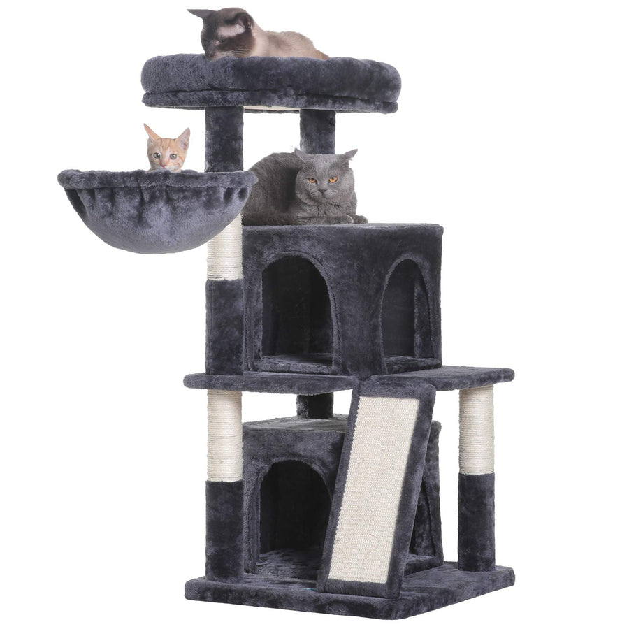 Cat Tree with Scratching Board, 2 Luxury Condos, 41.34 inches Cat Tower with Padded Plush Perch and Cozy Basket, Smoky Gray MPJ004G