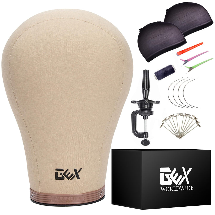 GEX 24 Canvas Cork Wig Block Mannequin Head for Wig Making Drying Styling Display with Table C Clamp Stand Holder (Light Brown 24)