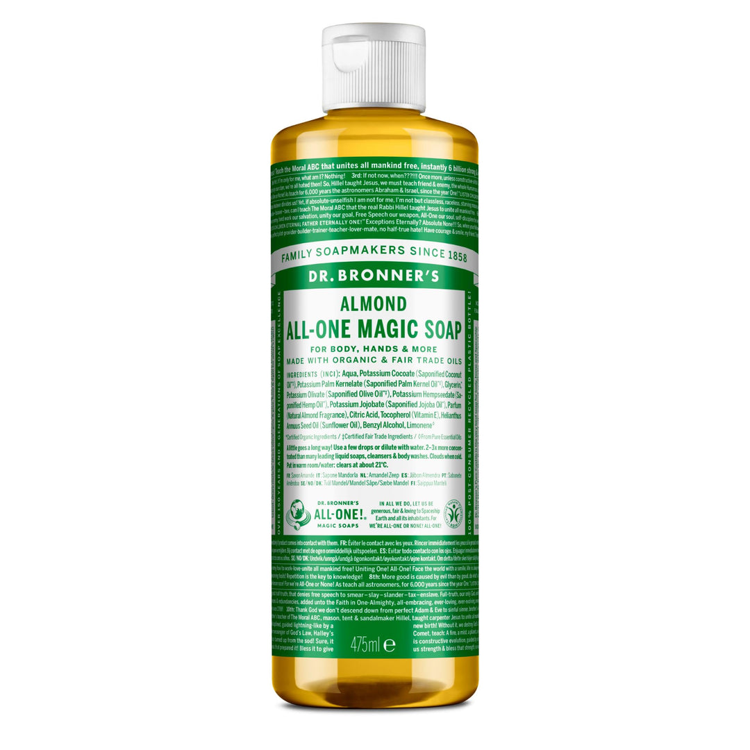 Dr. Bronner&#39;s - Pure-Castile Liquid Soap (Almond, 16 ounce) - Made with Organic Oils, 18-in-1 Uses: Face, Body, Hair, Laundry, Pets and Dishes, Concentrated, Vegan, Non-GMO