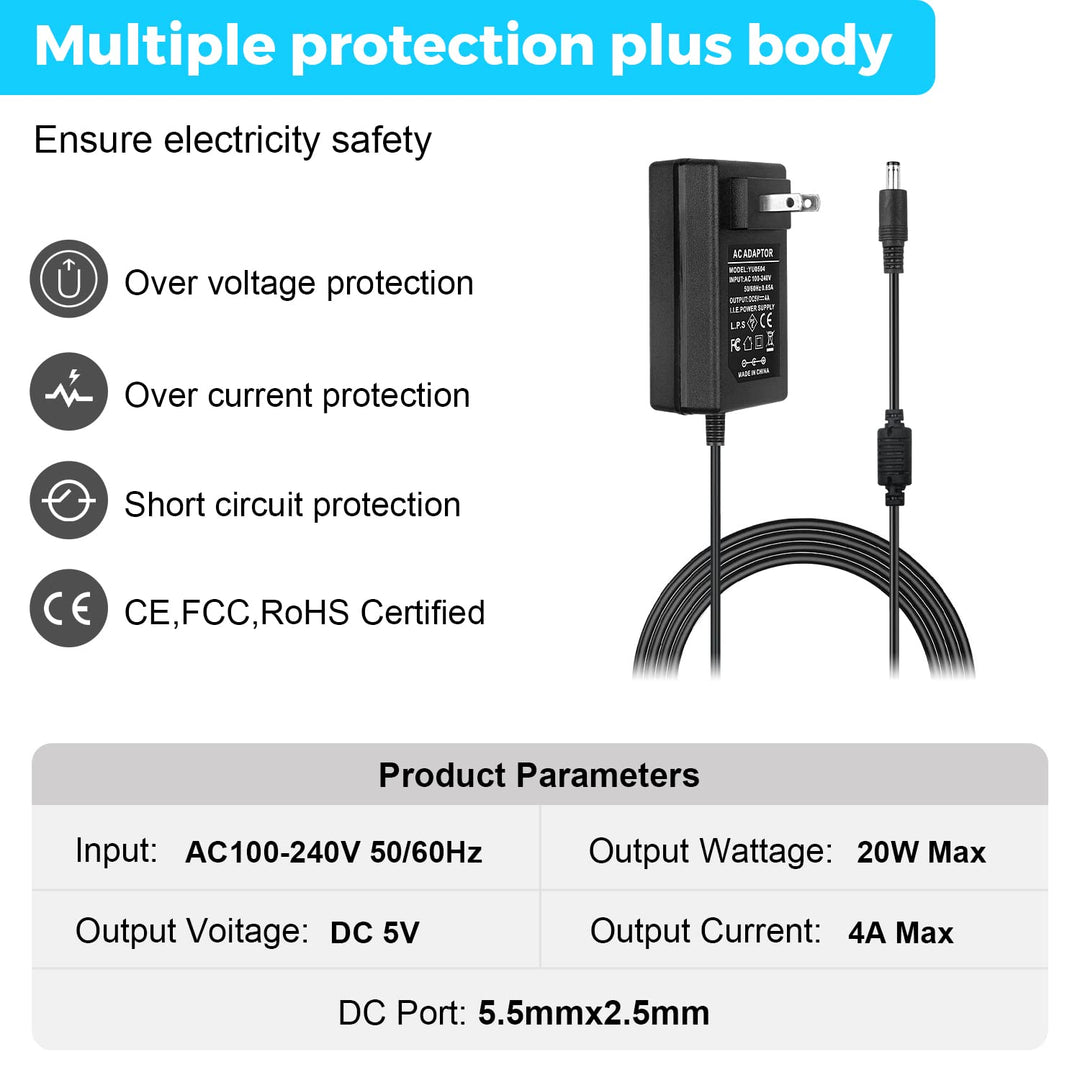 5V 4A Power Supply Adapter, AC 100-240V to DC 5 Volt 4 Amp 20W Charer 4000mA Transforme Universal Converter Plug 5.5mm x 2.5mm for Jetson Nano, Odroid XU4 / XU4Q, Atomic Pi, Router