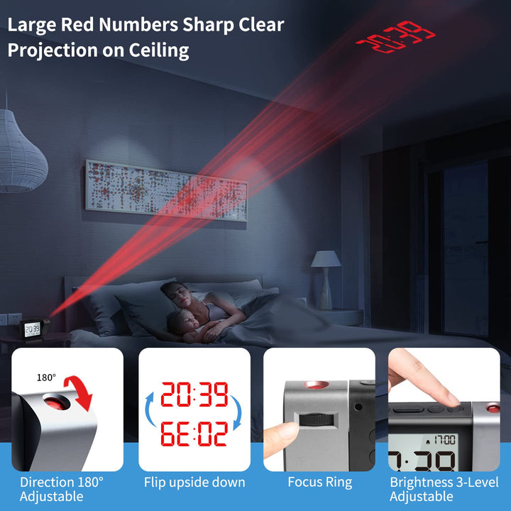 Projection Alarm Clock for Bedroom: Digital LCD Clock with Temperature Date Snooze 12/24H and Weekend Mode, Easy Set Dimmer Clock with 2-Levels Volume, Mains and Battery Operated