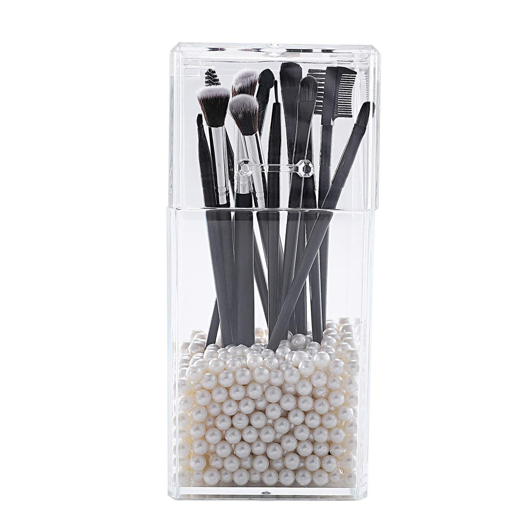Makeup Brush Holder with Dustproof Lid, Clear Makeup Organizer with Free White Pearl (cb000004-p) (Square)
