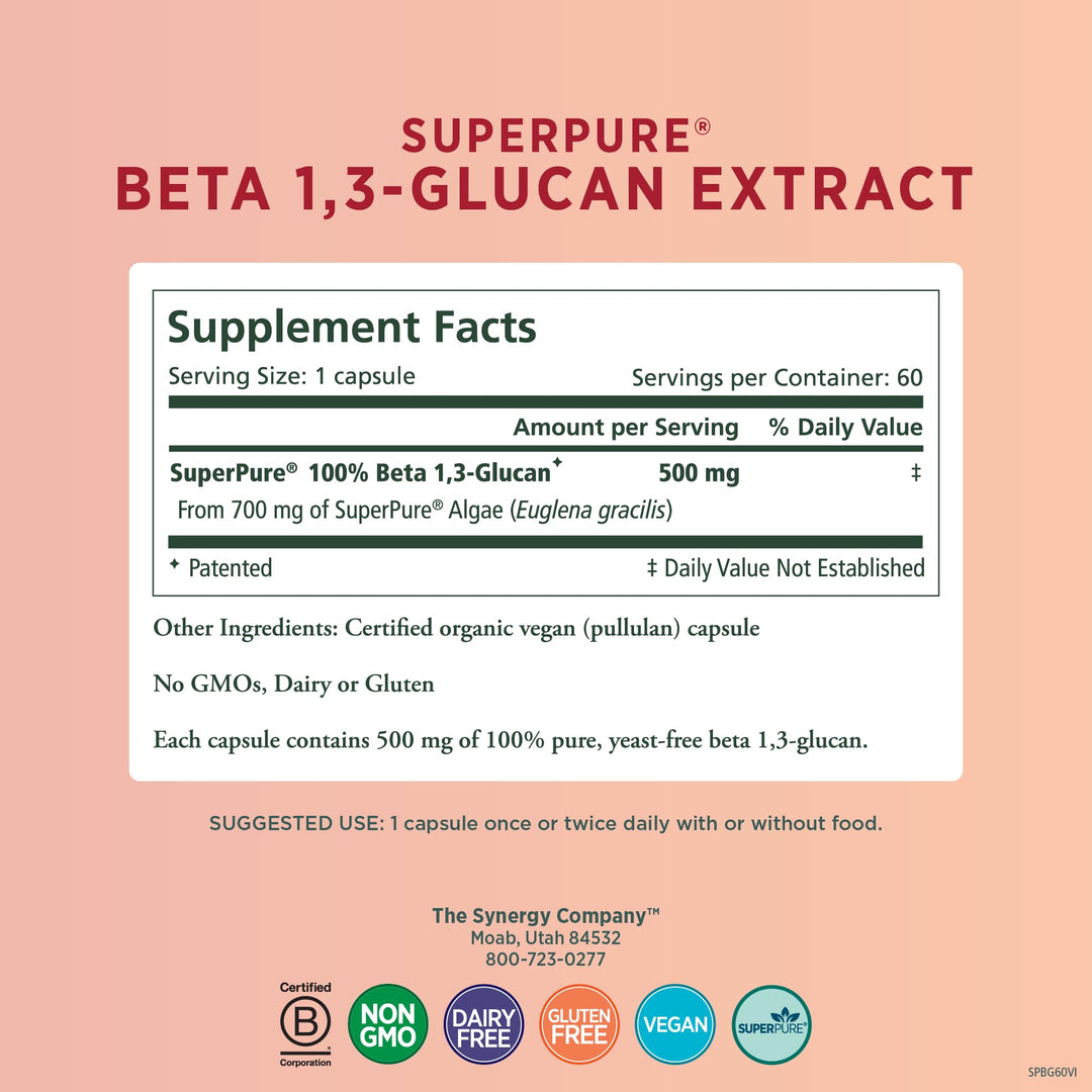 SuperPure Beta 1,3-Glucan Extract | 500 mg Beta 1,3-Glucan Supplement from Algae | Yeast-Free, Non-GMO, Standardized Extract | Supports Immune Health &amp; Digestion (60 Capsules)