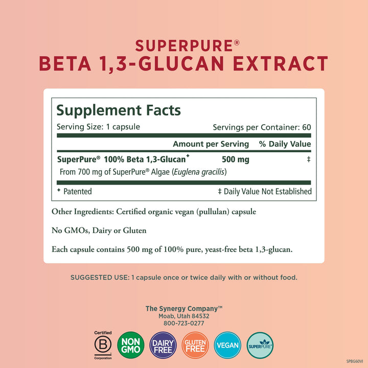 SuperPure Beta 1,3-Glucan Extract | 500 mg Beta 1,3-Glucan Supplement from Algae | Yeast-Free, Non-GMO, Standardized Extract | Supports Immune Health &amp; Digestion (60 Capsules)