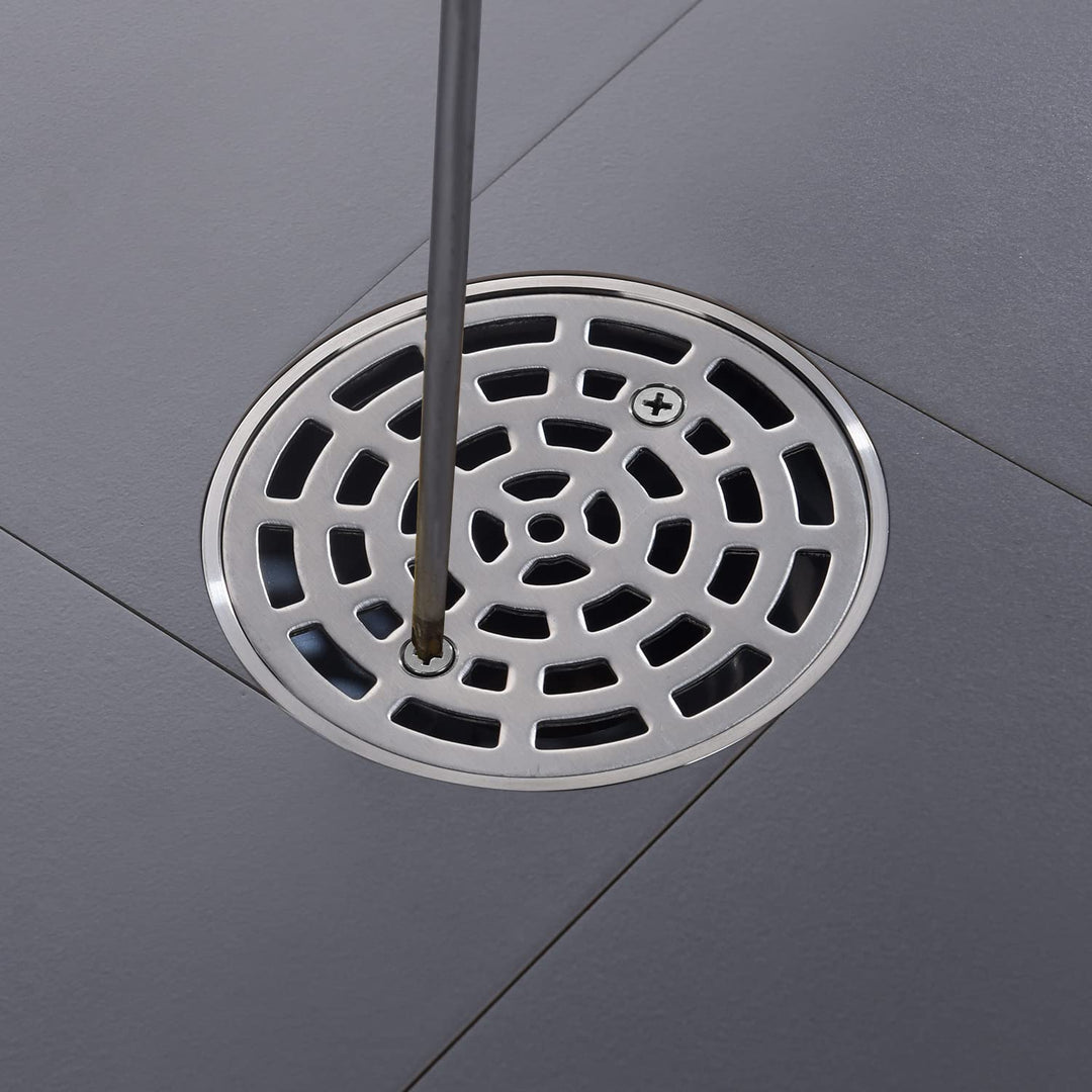 4 1/4 Shower Drain Round Brushed Nickel, Removable Grille Strainer Screws in Drain Cover, Base with Adjustable Drain Flange Kit PVC, SUS304 Stainless Steel