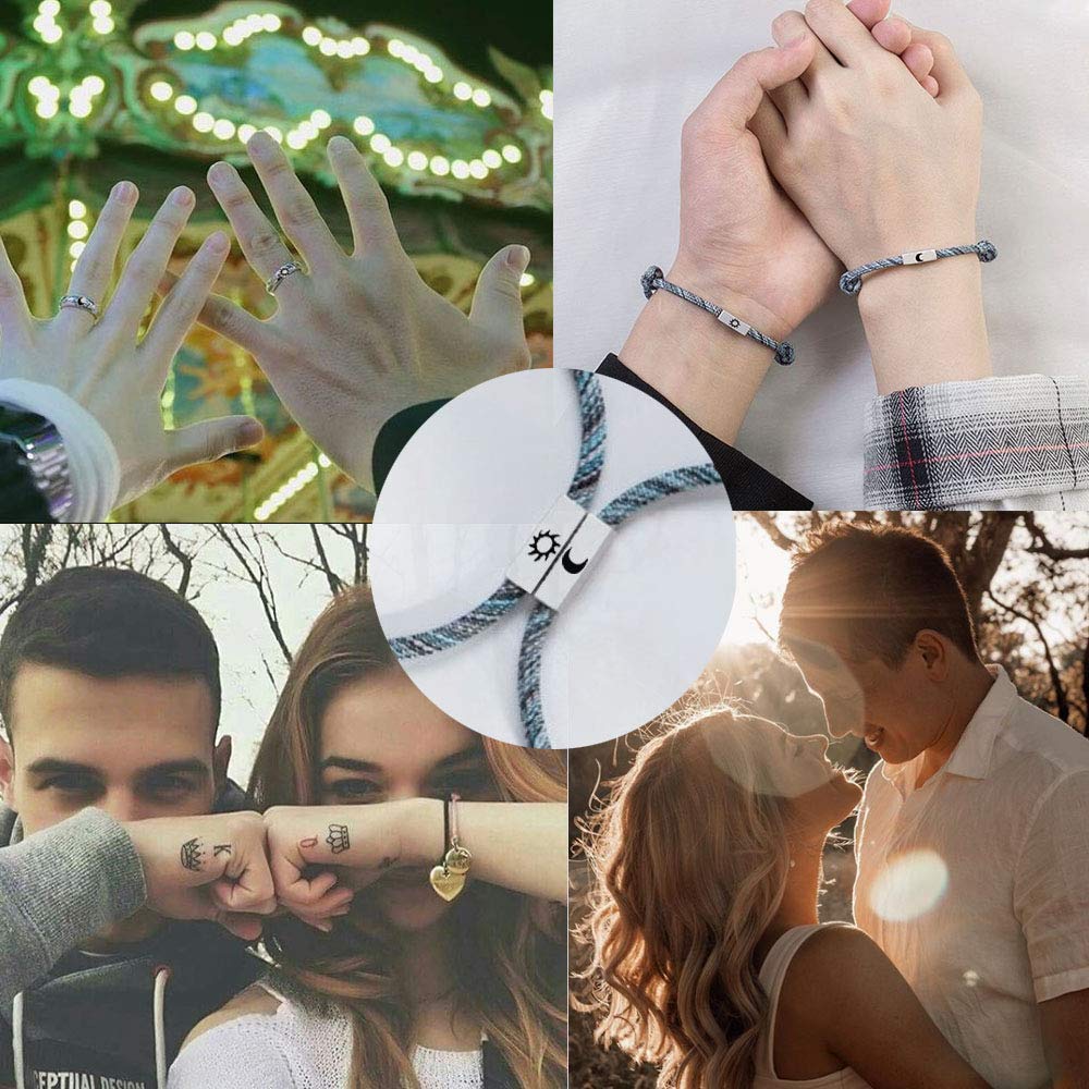 4PCS Sun and Moon Couple Promise Jewelry Set Black Hand-Woven Bracelets Couple Opening Rings for Lovers Best Friends