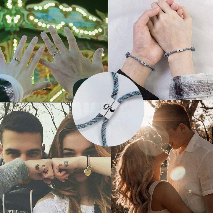 4PCS Sun and Moon Couple Promise Jewelry Set Black Hand-Woven Bracelets Couple Opening Rings for Lovers Best Friends
