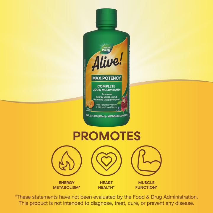 Nature&#39;s Way Alive! Max Potency Complete Liquid Multivitamin for Women and Men, Antioxidants Beta Carotene, Vitamins C &amp; E, and Food-Based Blends, Citrus Flavored, 30.4 Fl Oz (Packaging May Vary)