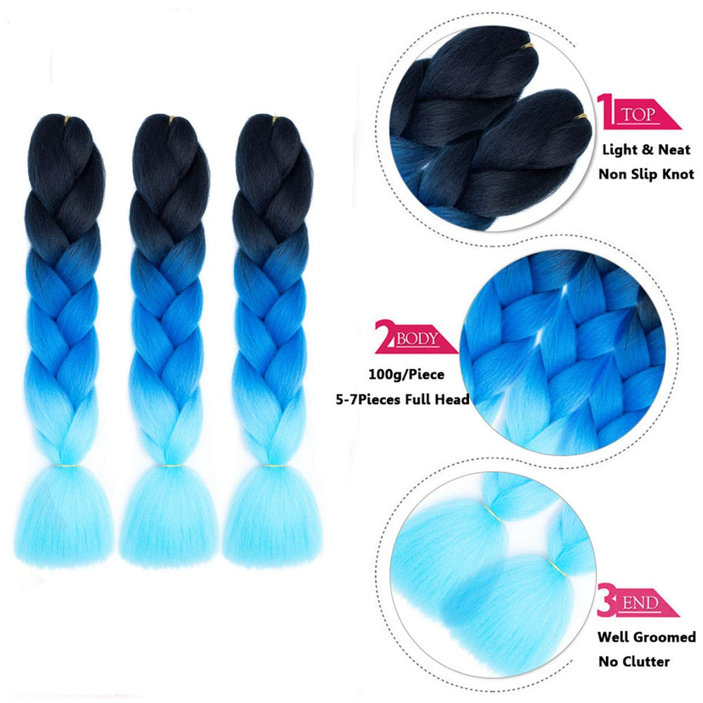 Jumbo Braiding Hair 5PCS/Lot Ombre Kanekalon Pre Stretched Braiding Hair Extensions High Temperature Synthetic Burgundy Blonde Kids Hair 24 Inch Hair for Braiding (black-blue-azure)